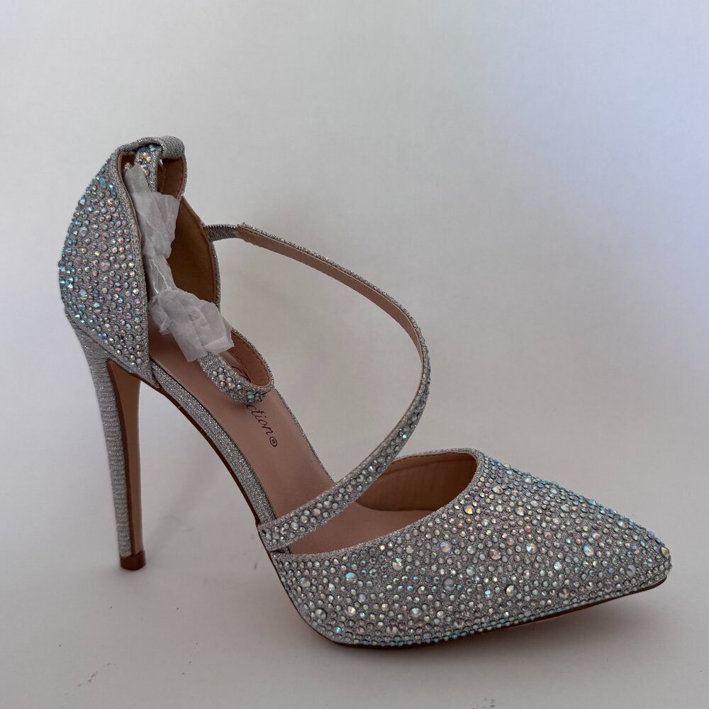 De Blossom Collection Silver Rhinestone Strappy Pointed-Toe Heels